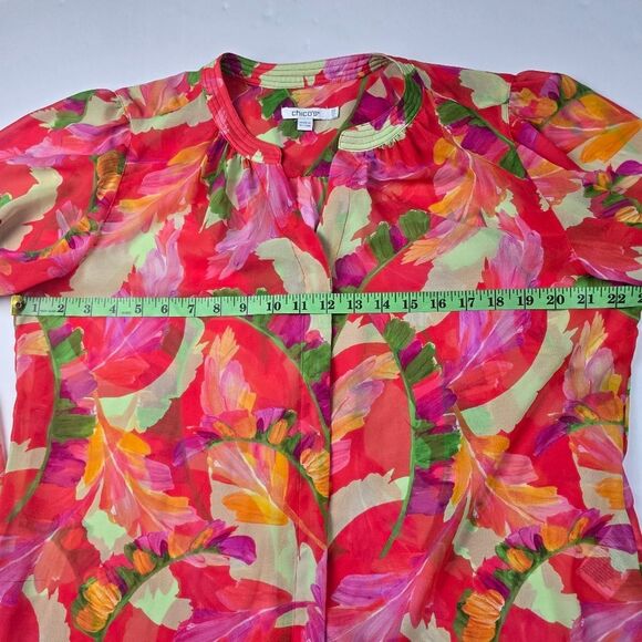 Chico's Women's Multicolor Foliage‎ Print Long Sleeve Spilt Neck Blouse Size 14 - Picture 8 of 10